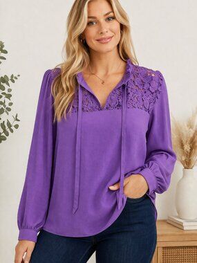 Halogen Purple Lace Yoke Blouse Long Sleeve Tie Neck Top 2X